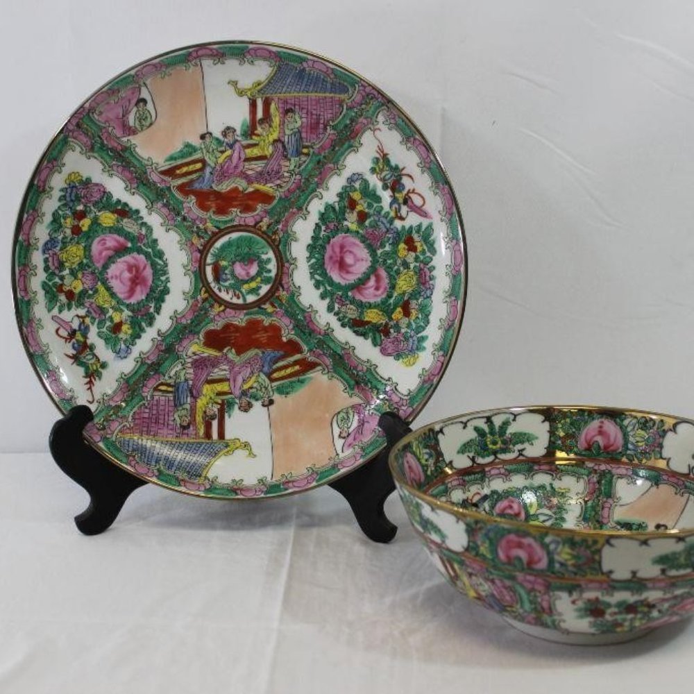 Vintage Famille Rose Medallion Bowl & Plate